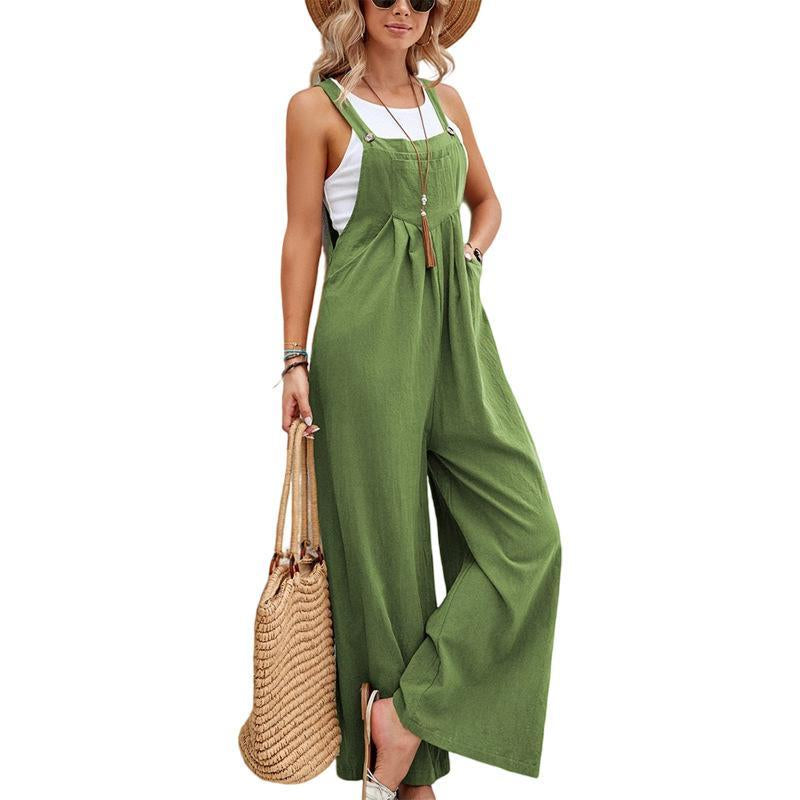 Women'S Elegant Army Green Cotton Suspender Trousers Mid-Waist Soft Fabric Pockets Medium Fit Asian Sizes S-XXL Retro Style Comfortable Womenwear Casual Womenswear Overalls Suits Basic Minimalist Basic