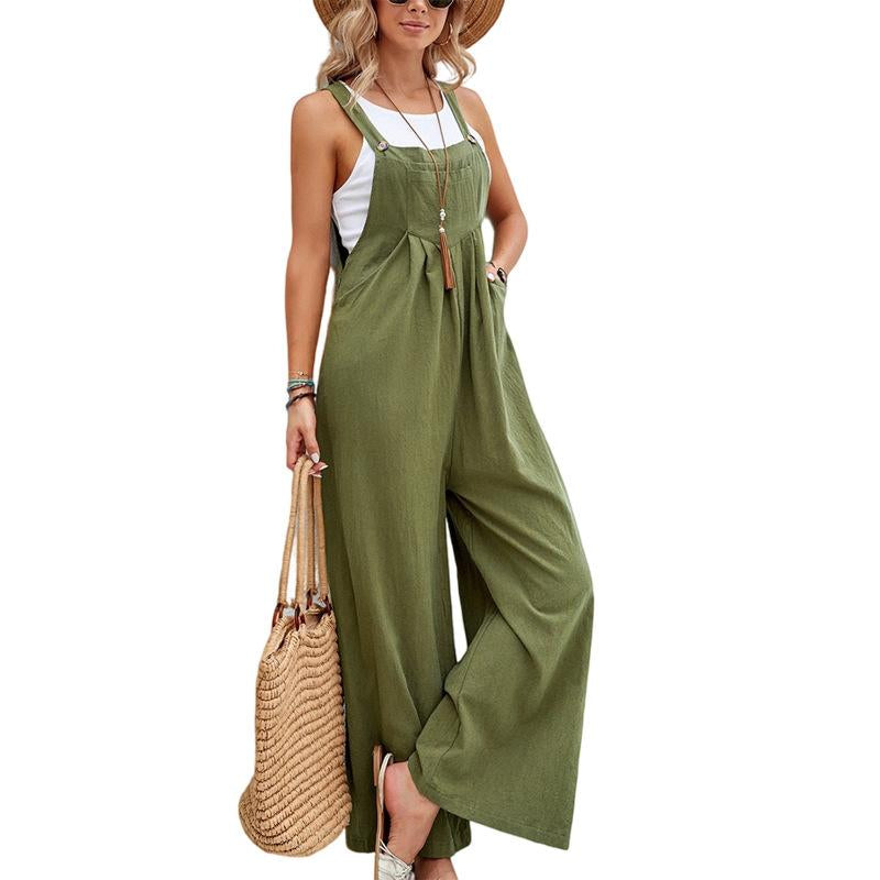 Women'S Elegant Army Green Cotton Suspender Trousers Mid-Waist Soft Fabric Pockets Medium Fit Asian Sizes S-XXL Retro Style Comfortable Womenwear Casual Womenswear Overalls Suits Basic Minimalist Basic